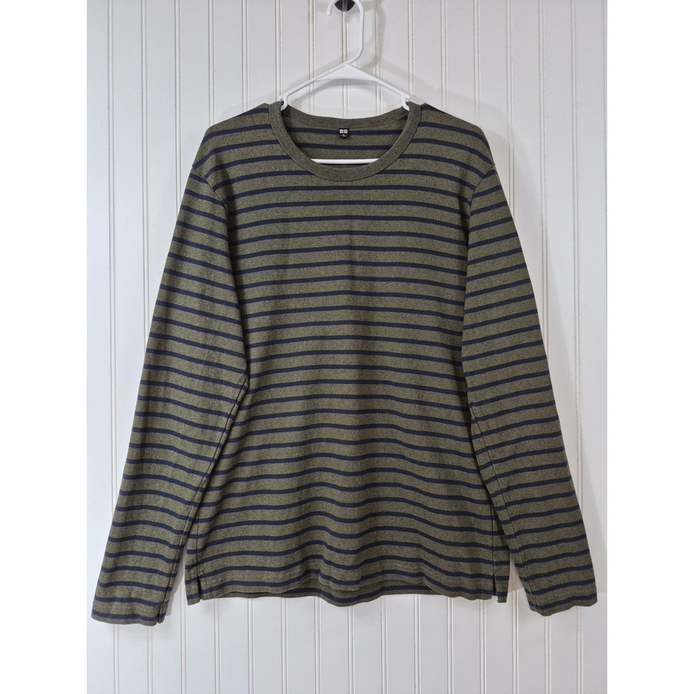 Uniqlo Mens Long Sleeve Striped T-Shirt Olive Green Navy Blue 100% Cotton Large